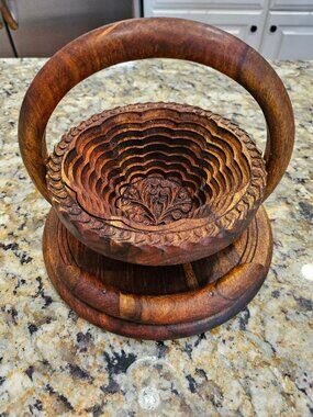 Handcrafted Vintage Wooden Collapsible Basket Foldable Rosewood Fruit Bowl